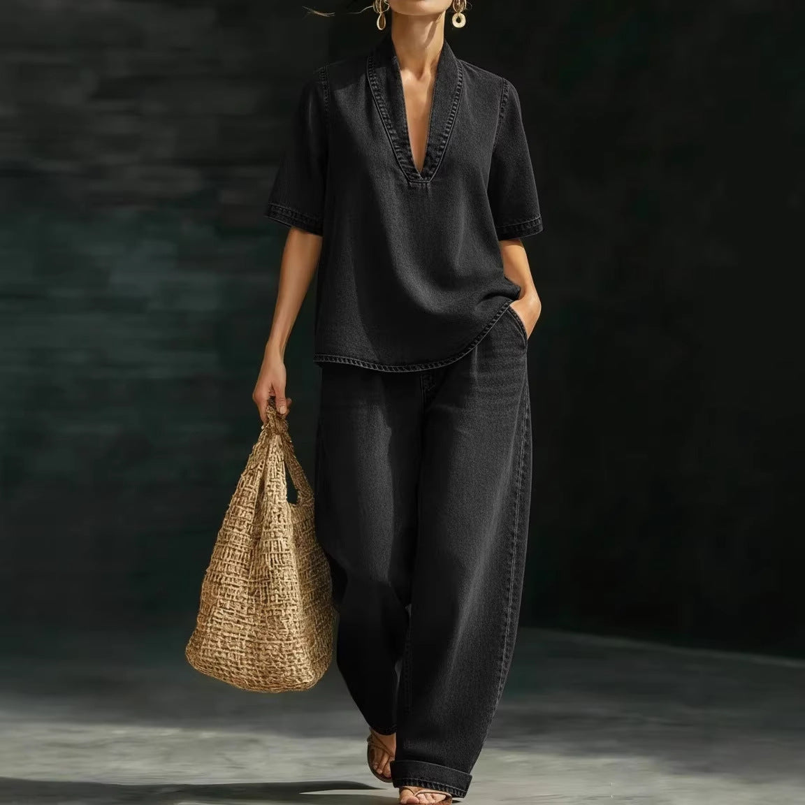 Women's Casual Retro Denim Pants Set