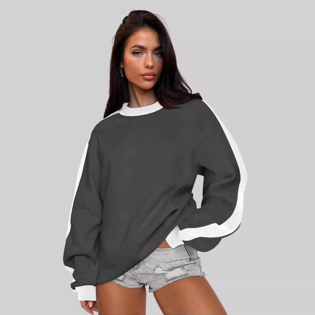 Contrast Color Round Neck Long Sleeve Women’s Sweatshirt