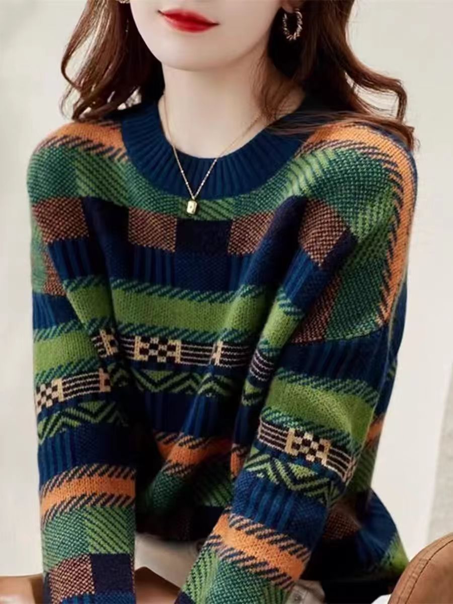 Round Neck Green Loose Striped Sweater For Women