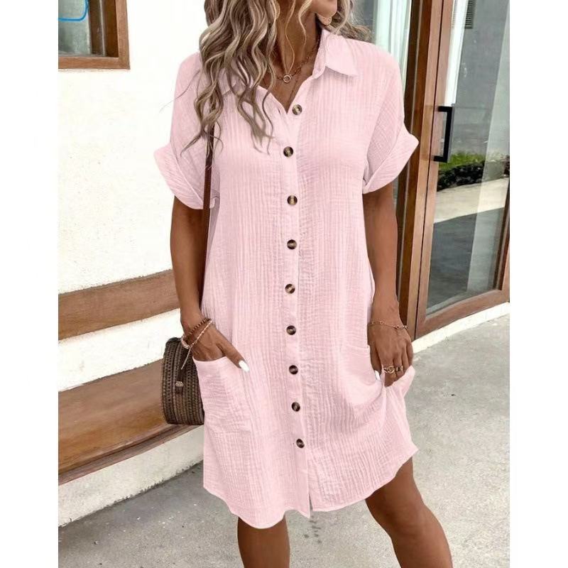 Solid Color Linen Cotton Button Down Loose Shirt Dress