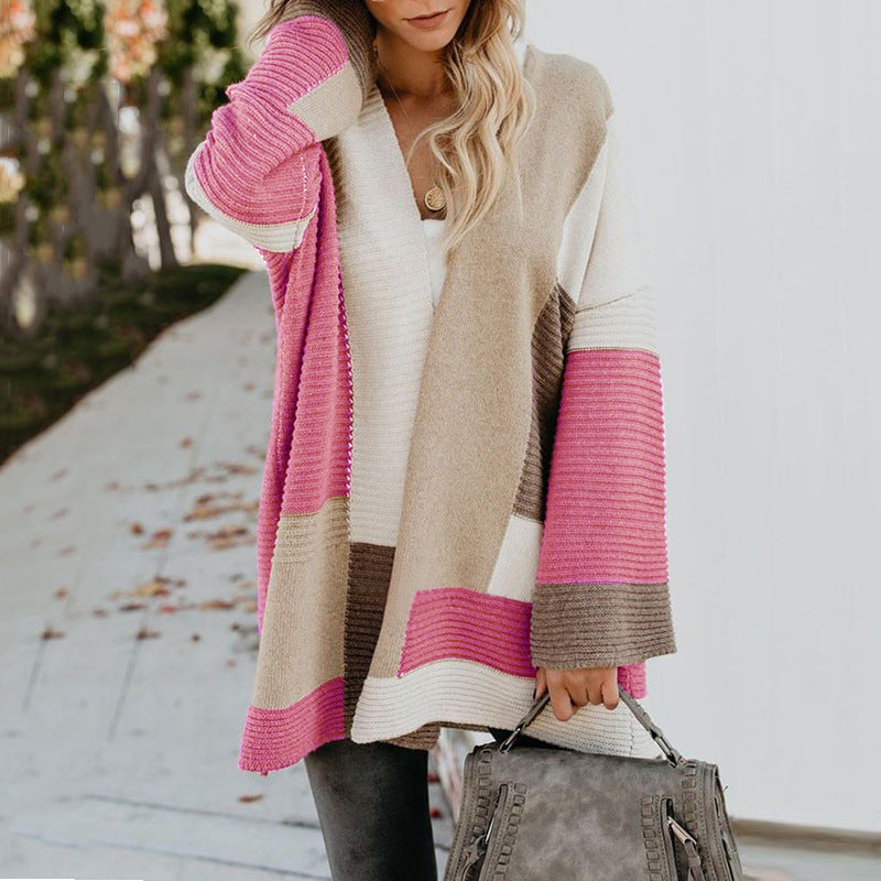 Women's Colorblock Mid-Length Long Sleeve Cardigan