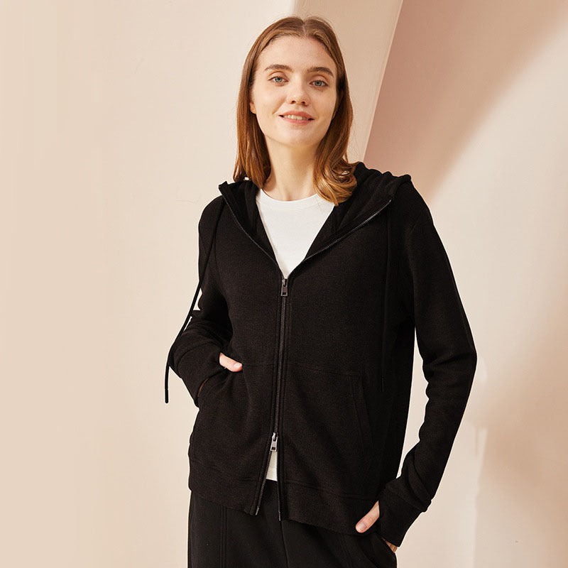 Fall Winter Coat Double Zipper Hooded Long Sleeve Warm Cardigan Women