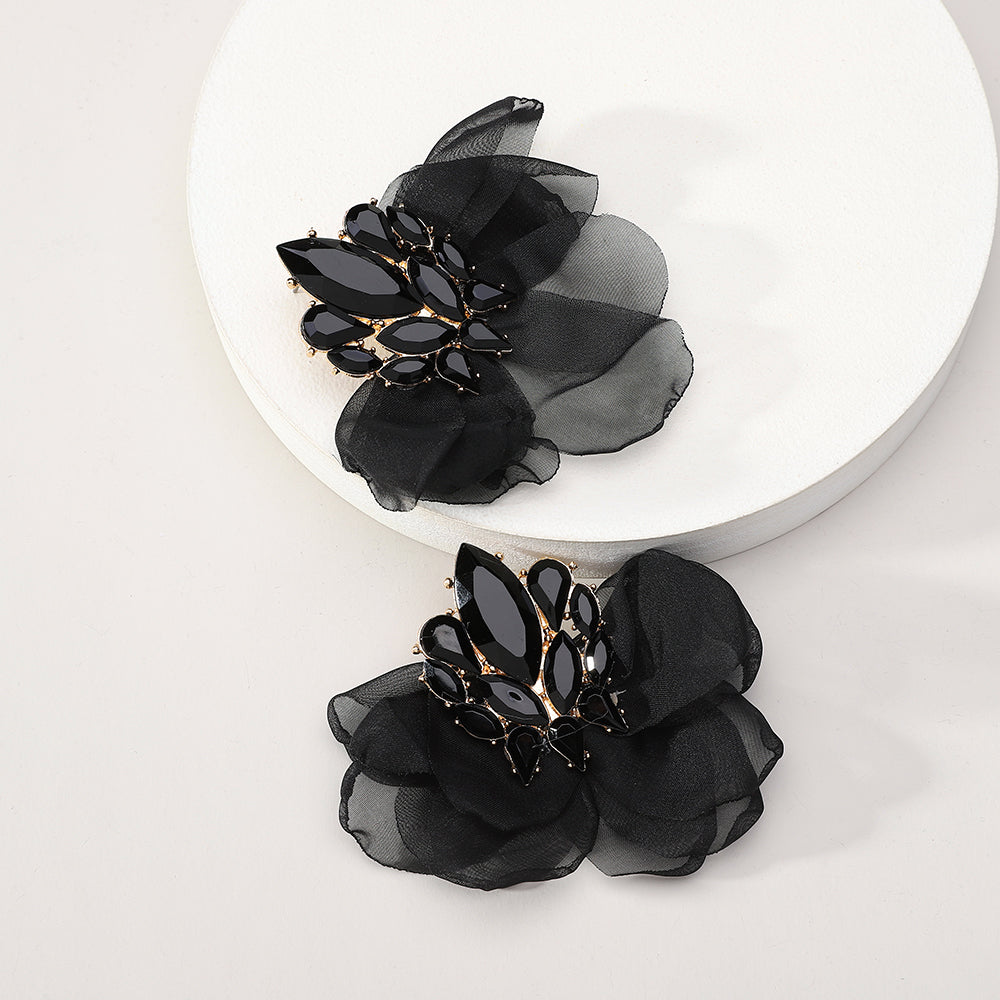 Colorful Sparkly Rhinestone Chiffon Flower Large Stud Earrings For Women Bold Statement Jewelry For Party Prom Vacation