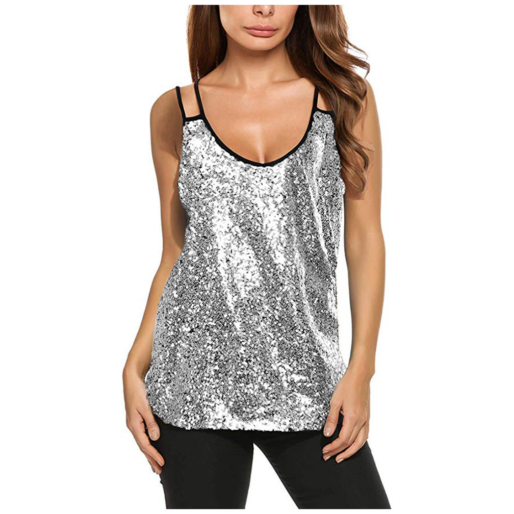 Women’s Sparkly V-Neck Sleeveless Sequin Top