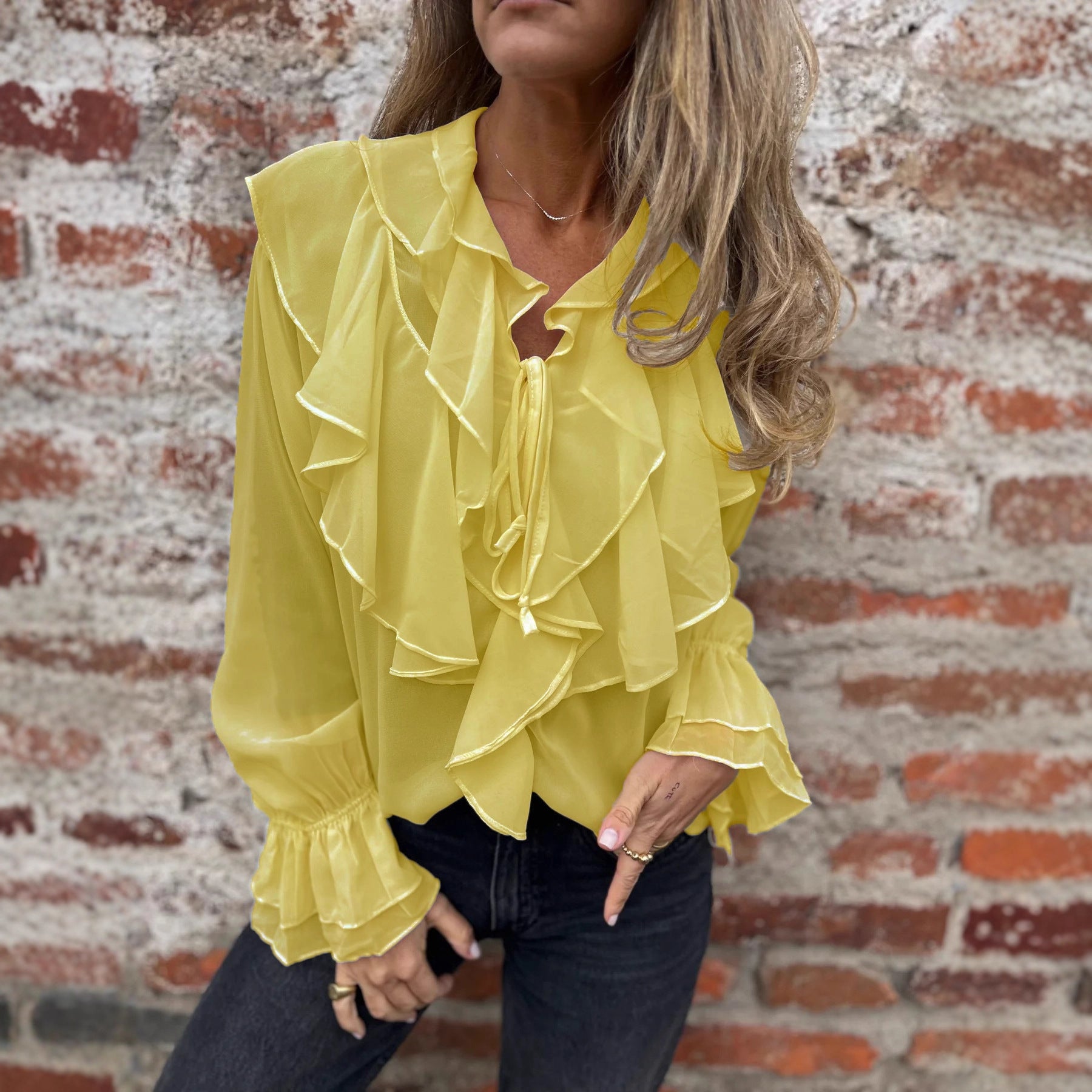 Ruffled Flared-sleeve Chiffon Blouse Top