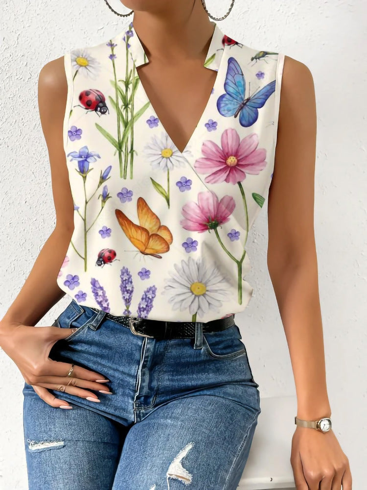 Women's V-Neck Printed Sleeveless Blouse