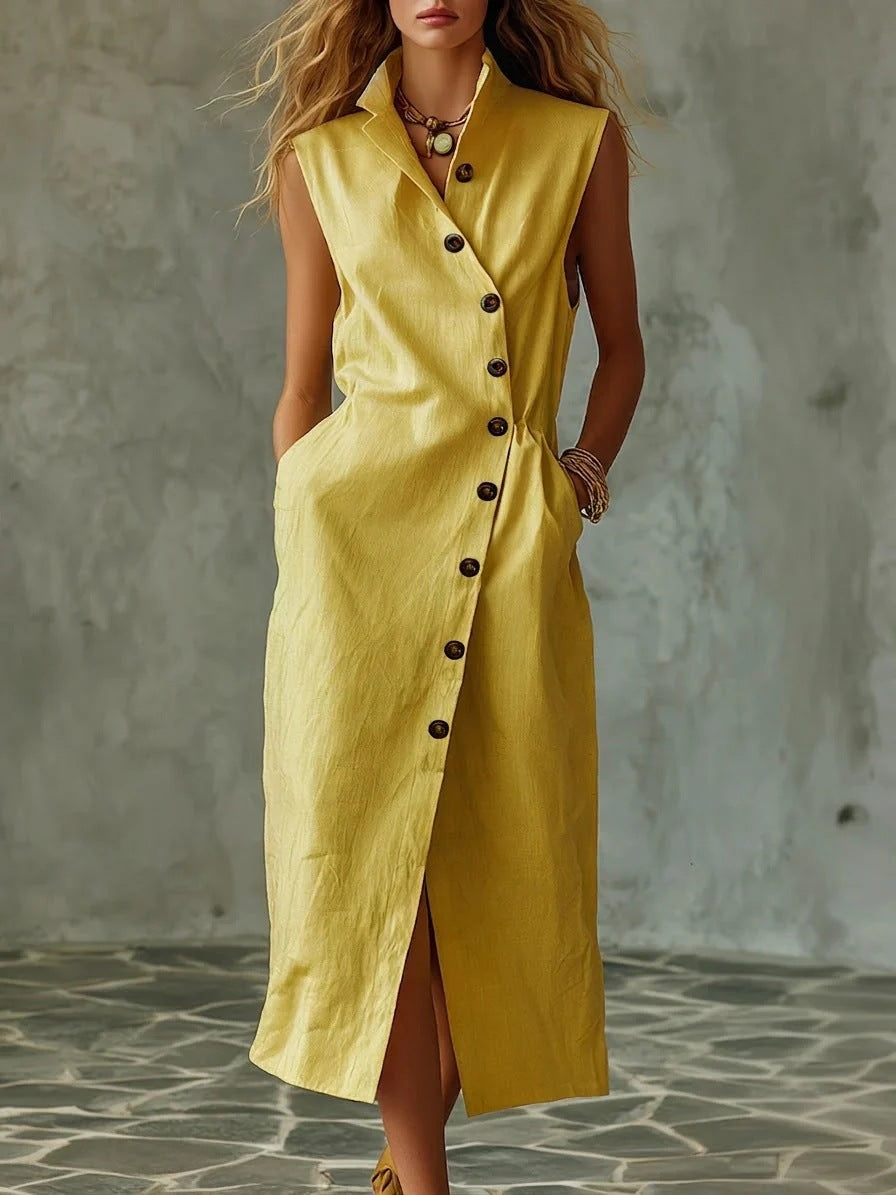 Slim-fit Elegant Single-breasted Dress With A Stand-up Collar For Women
