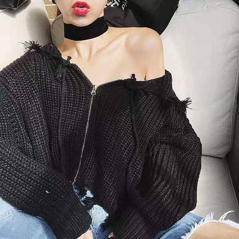 European And American Hooded Tassel Zipper Sweaters Coat