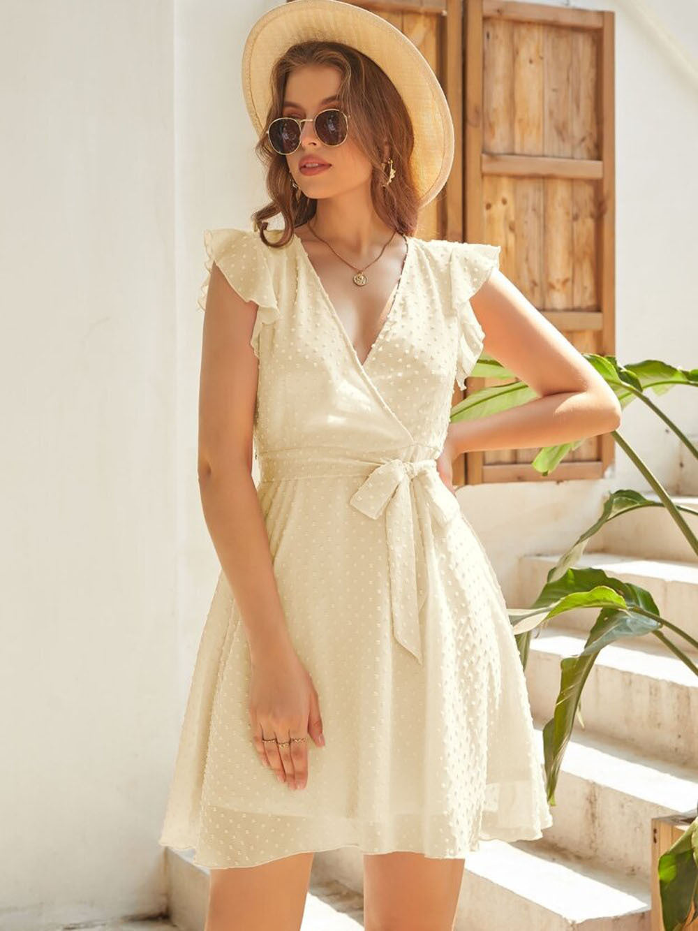 European And American Womens Short Skirt V-Neck Jacquard Solid Color Ruffle Sleeve Lace-Up Dress
