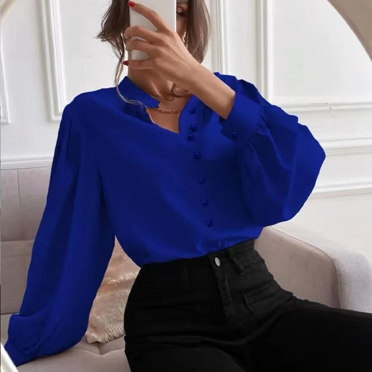 Women’s Mock Neck Long Sleeve Blouse with Pleated Collar