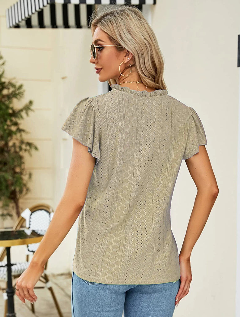 Women’s V-Neck Ruffled Short Sleeve Top in 6 Colors S-2XL - Wazzi's Wear