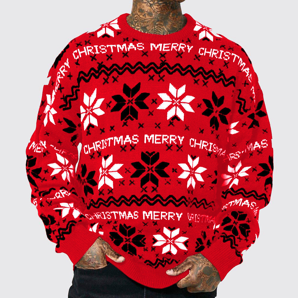 Men's red Christmas jacquard loose-fitting long-sleeve sweater with snowflake pattern and "Merry Christmas" text