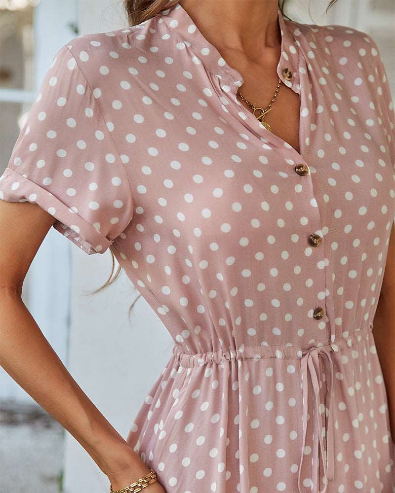 Women’s Polka Dot Short Sleeve Midi Dress with Waist Tie