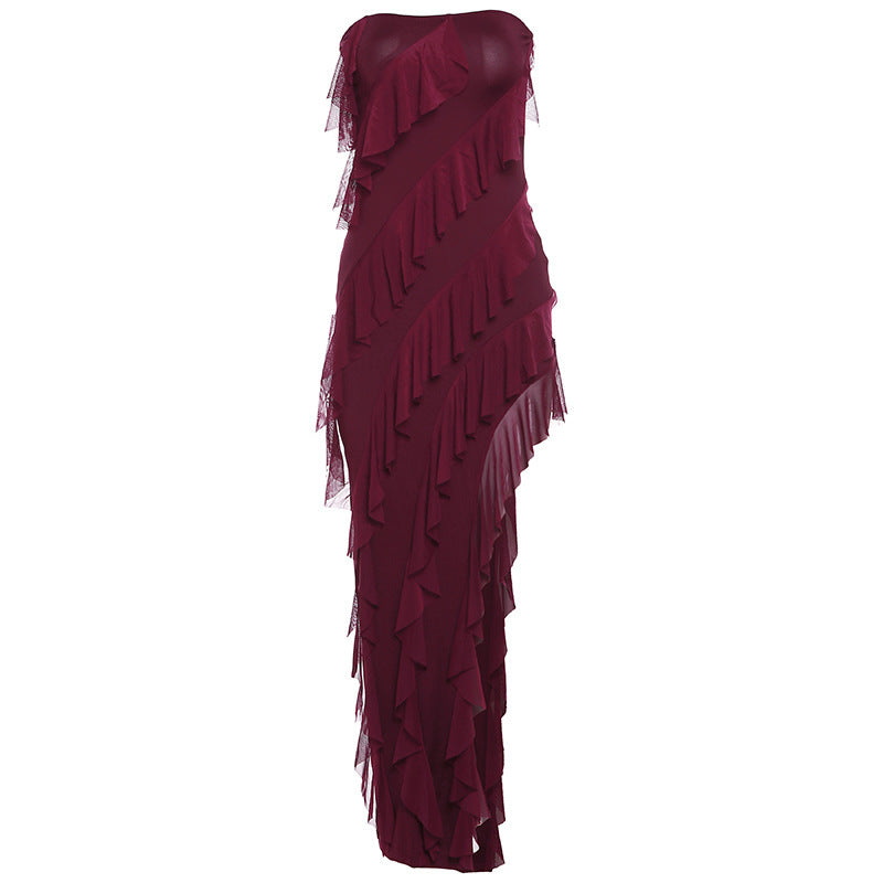 2024 Summer Trend Skinny Women’s Tube Top Dress – Backless Split Tassel Clubwear