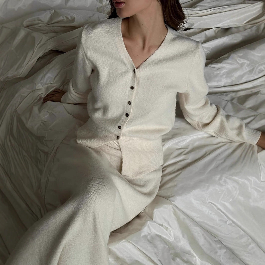 V-neck Knitted Cardigan A- Line Midi Skirt Two-piece Set