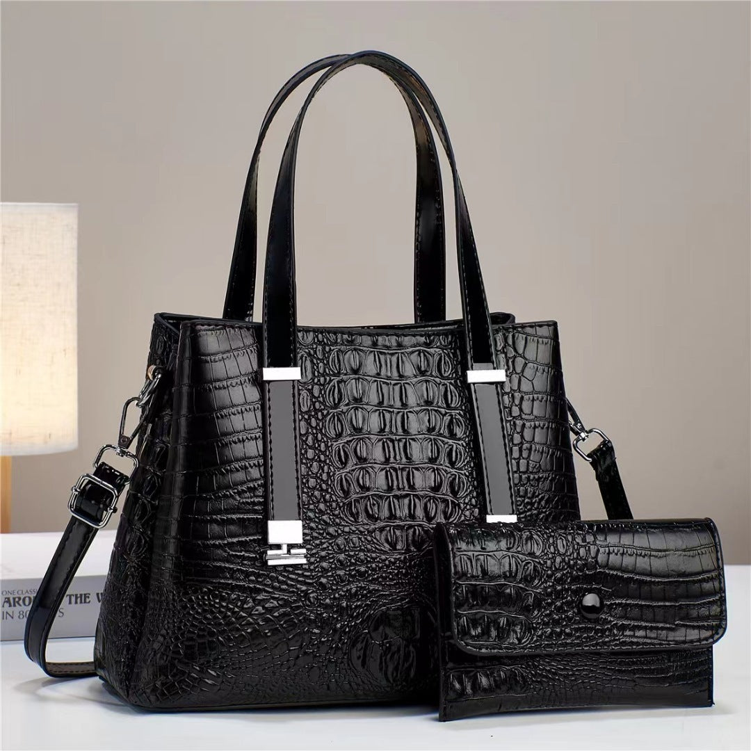 Women's Crocodile Print Shoulder Bag with Matching Clutch Set