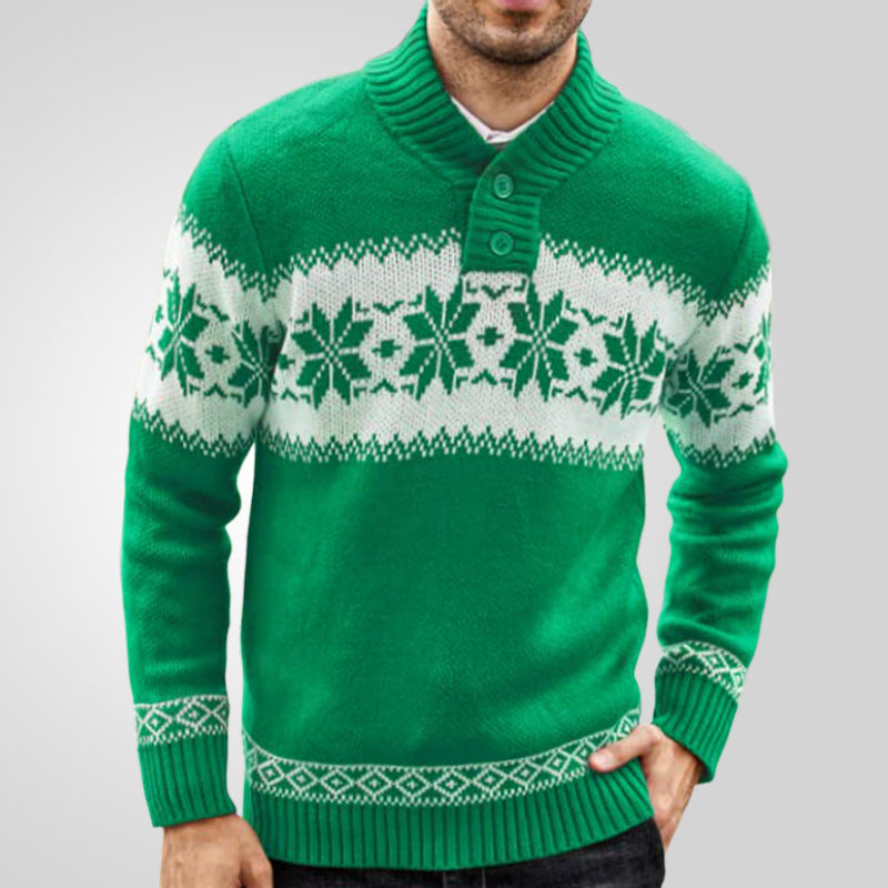 Green men's pullover sweater with white snowflake jacquard knit design and long sleeves