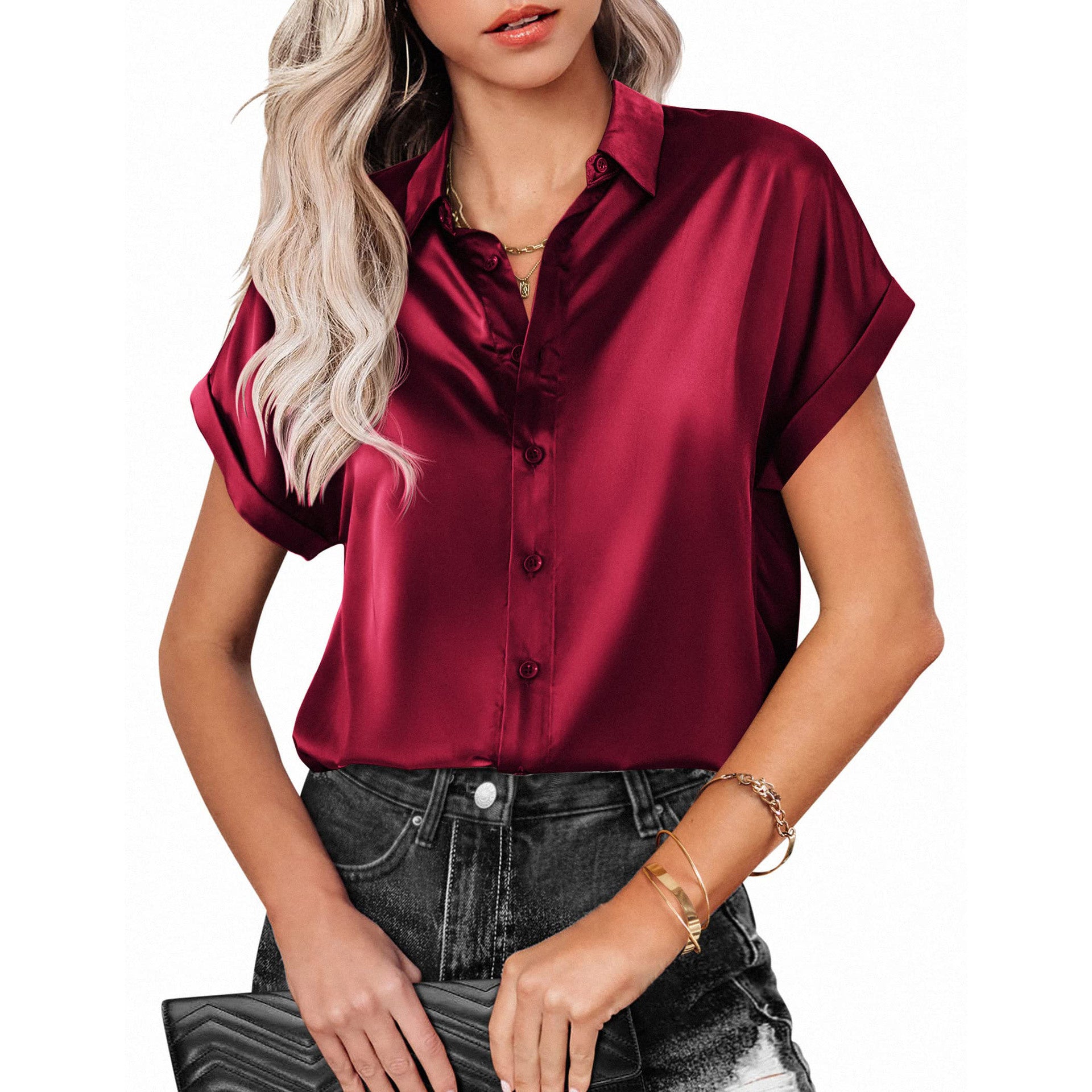 Women’s Short Sleeve Button Blouse with Lapel in 6 Colors S-XXL