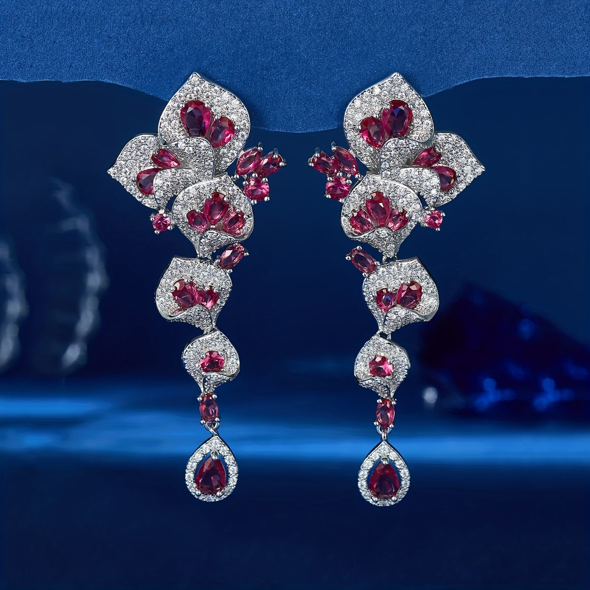 1 Pair Gorgeous Long Dangle Flower Earrings, Cubic Zirconia Earrings For Women, Fashion Party Prom Dress Jewelry, Birthday Holiday Gift