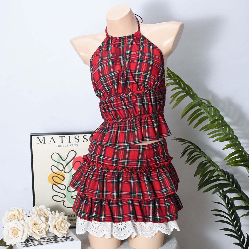 Lace-up Backless Slim Fit Top Lotus Leaf Zipper Skirt Plaid Suit