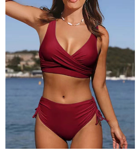 Traje de baño bikini de color liso para mujer con parte inferior de cintura alta en 5 colores S-3XL