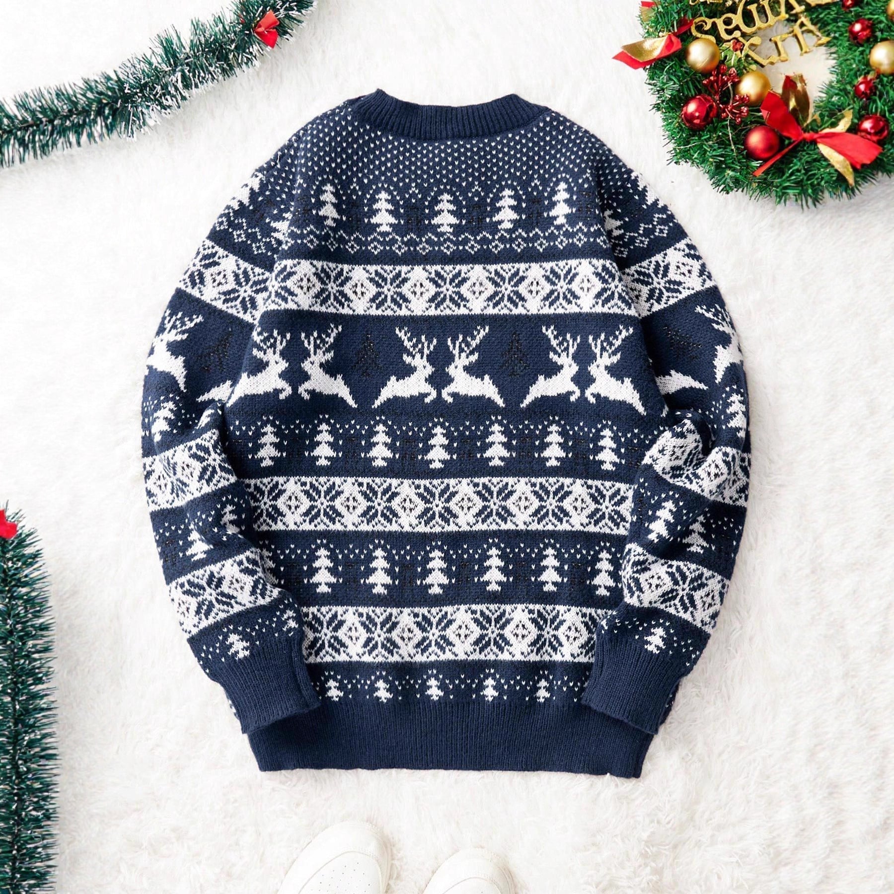 Men's navy blue Christmas sweater with white Christmas tree and reindeer jacquard knit pattern, round neck, long sleeve, loose fit