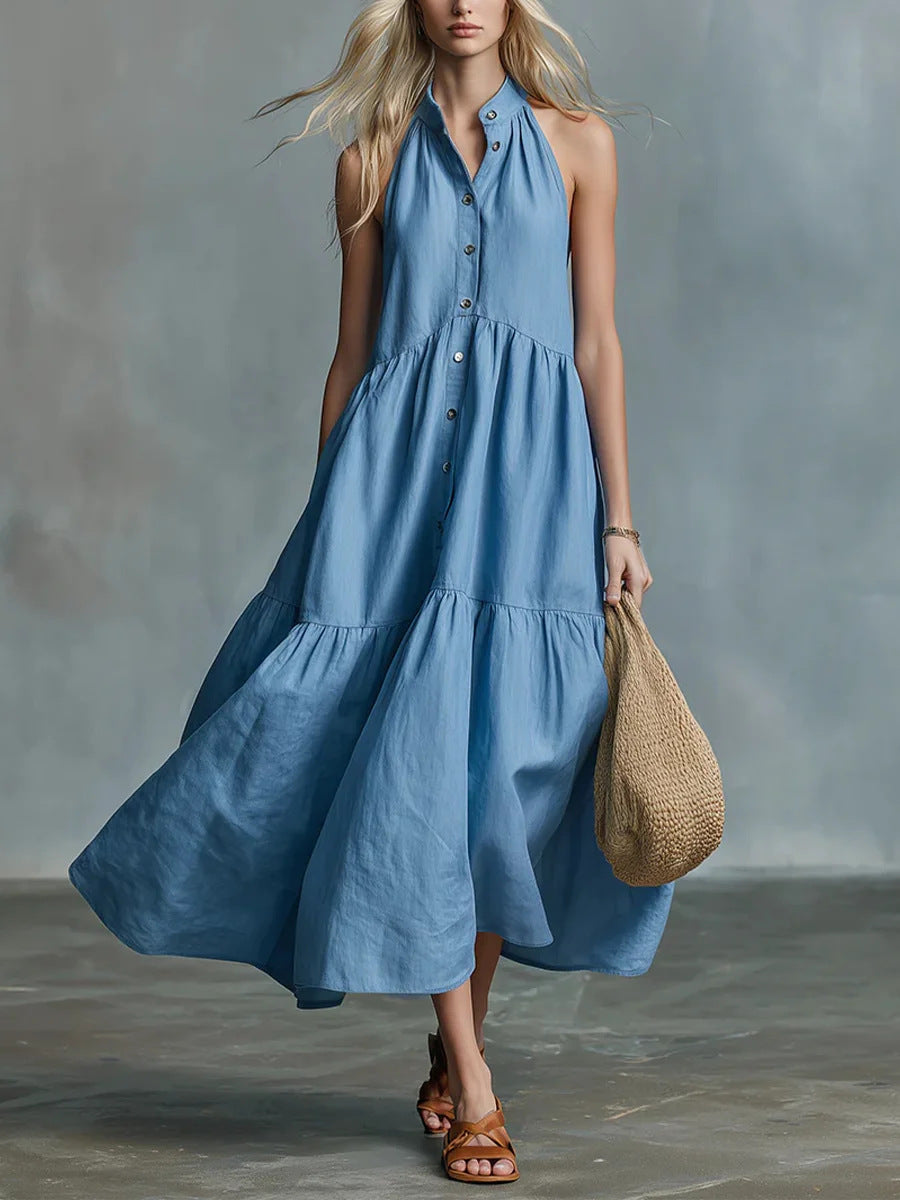 Casual Loose Linen Button-Down Vest Dress