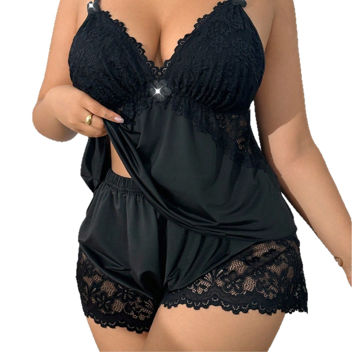 Plus-size Pajama Set With Lace Shorts