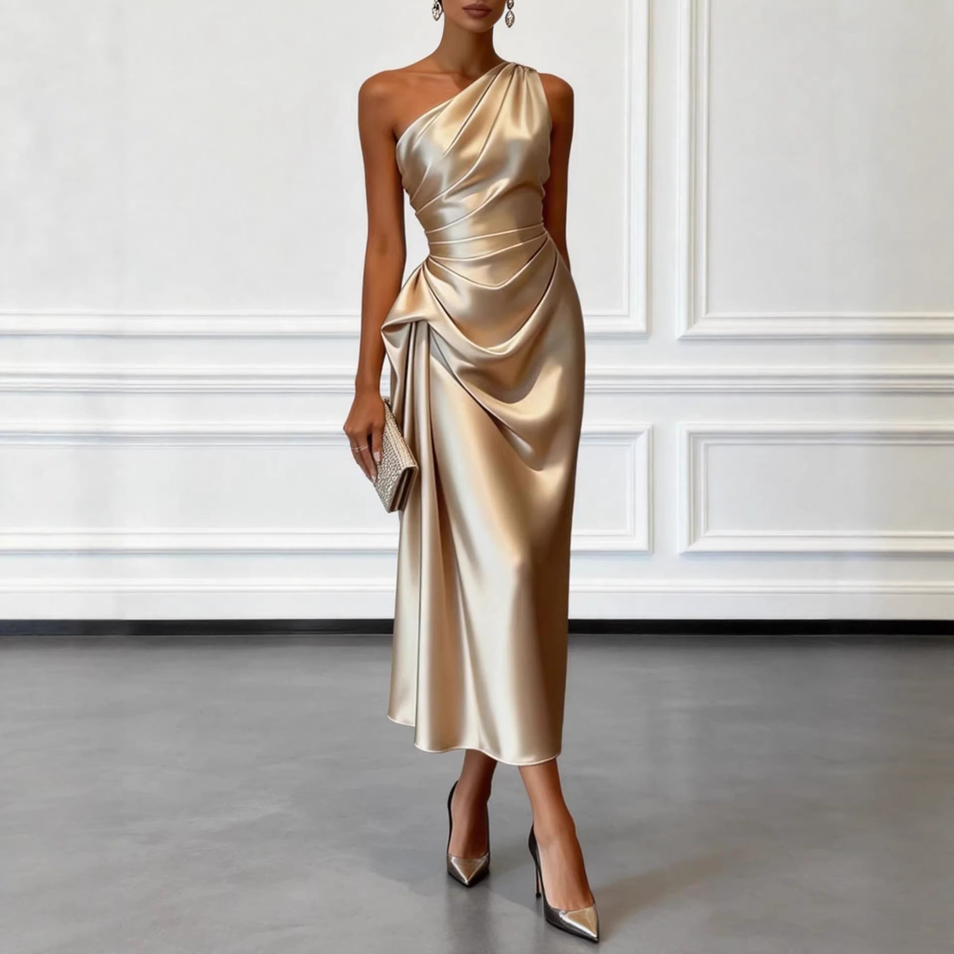 Womens Satin Pleated Waist-cinching Dress