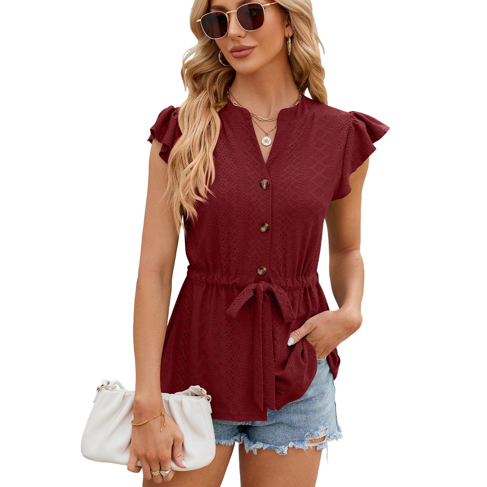 Women’s V-Neck Short Sleeve Top with Drawstring Waist