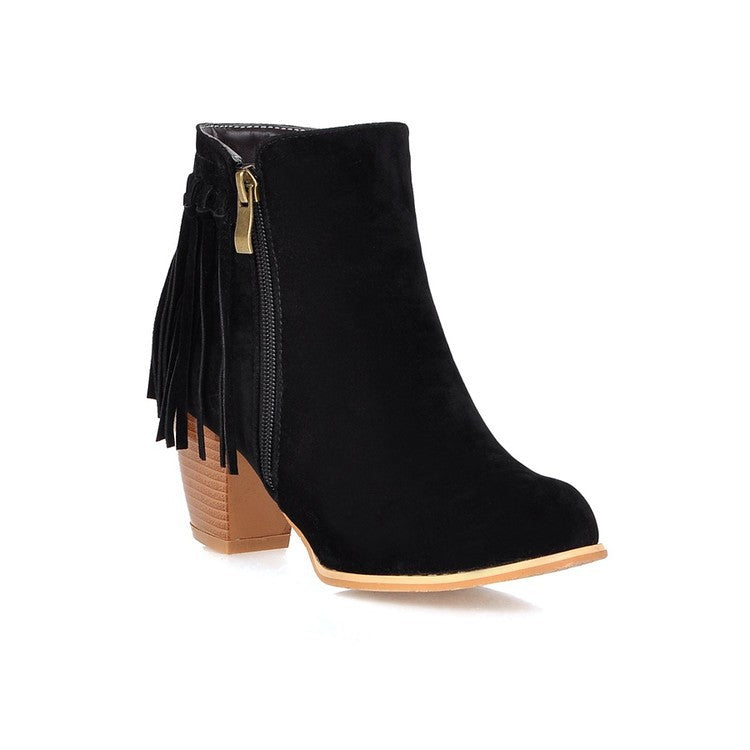 Women’s Suede Ankle Length Short Heel Boots with Tassels in 3 Colors - Wazzi's Wear