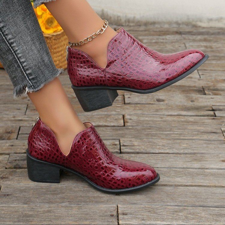 Women’s Crocodile Pattern Ankle Boots with Chunky Mid Heel