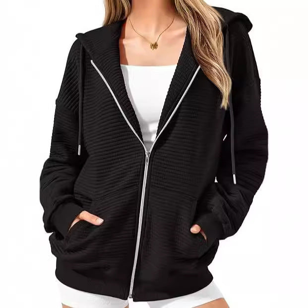 Women's Ribbed Long Sleeve Zippered Hoodie with Pockets