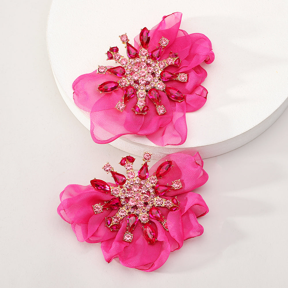 Rhinestone Chiffon Flower Stud Earrings For Women Colorful Crystal Bohemian Statement Jewelry For Party Prom Summer Beach Vacation