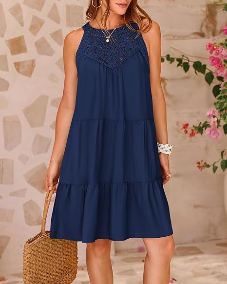 Women’s Halterneck Loose Fit Sleeveless Summer Dress with Lace in 8 Colors S-XXL