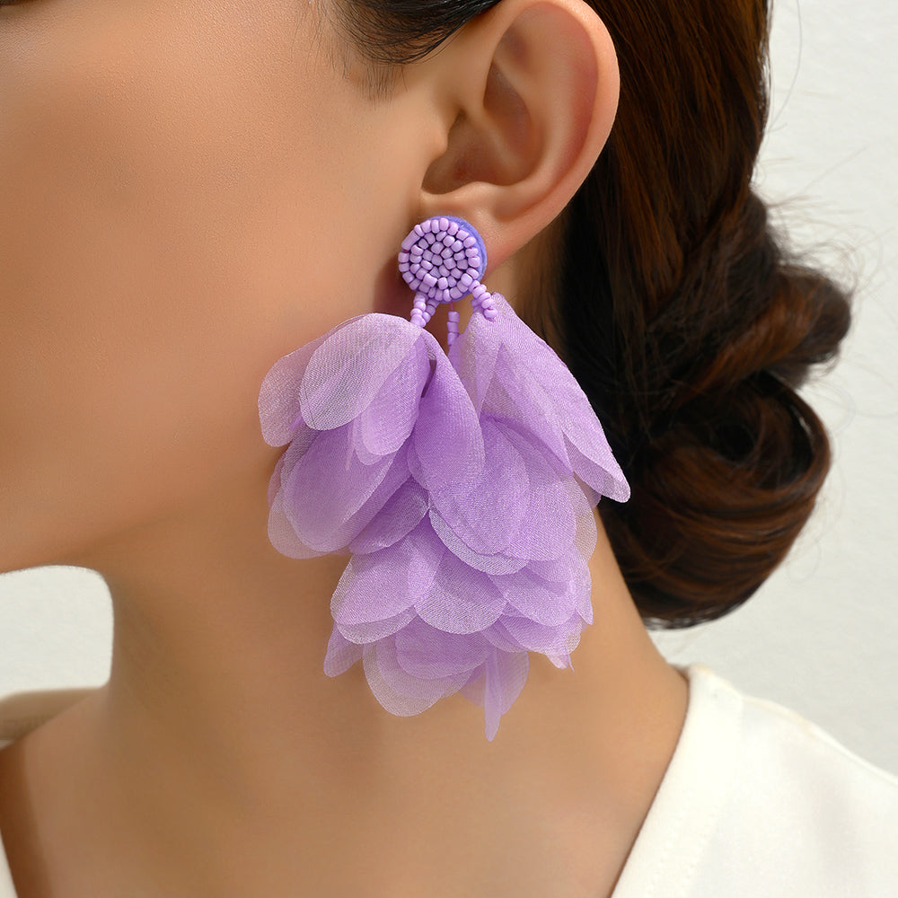 Lightweight Fluffy Chiffon Flower Multi-Layer Tassel Earrings For Women Handmade Bohemian Jewelry For Beach Vacation Summer Party