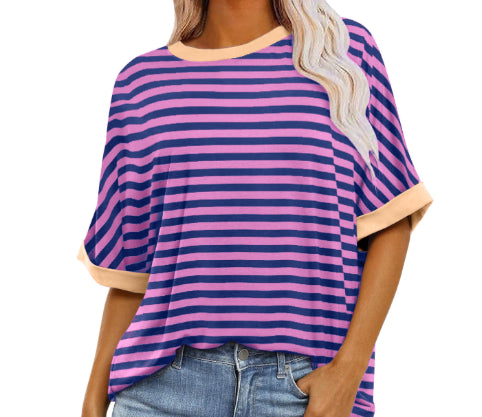 Striped Crewneck Trendy Short-sleeve Color-block Pullover