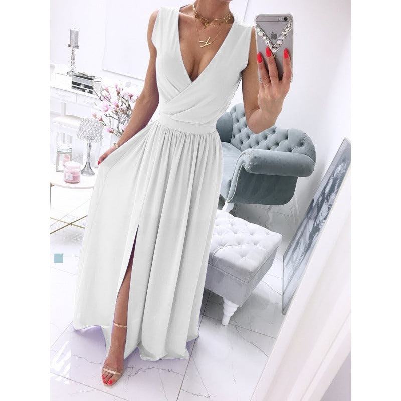 Women's summer sleeveless V-neck long dress with front split in various colors.