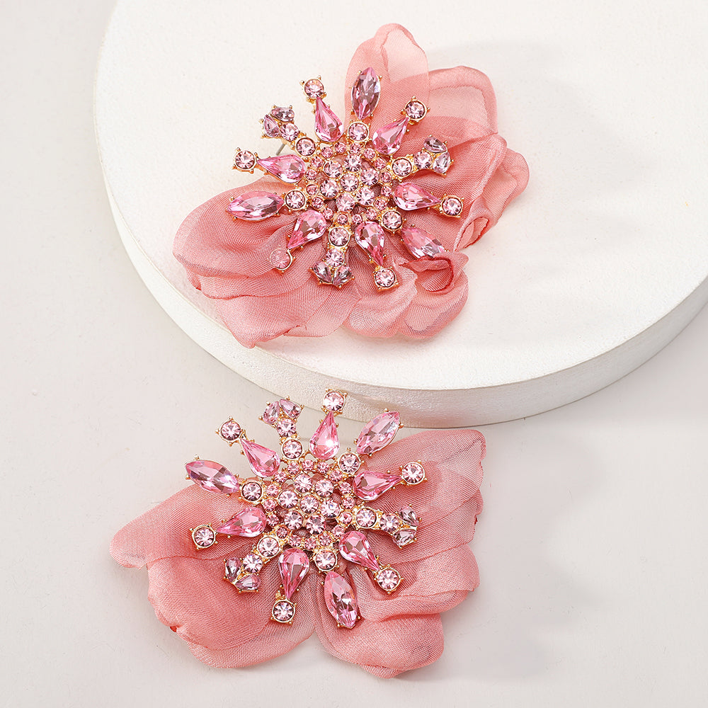 Rhinestone Chiffon Flower Stud Earrings For Women Colorful Crystal Bohemian Statement Jewelry For Party Prom Summer Beach Vacation