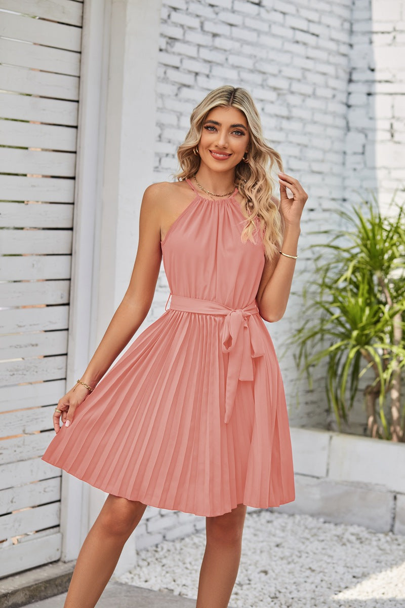 Vestido midi de chiffon plissado com decote haltere e laço na cintura para mulher em 8 cores S-XXL