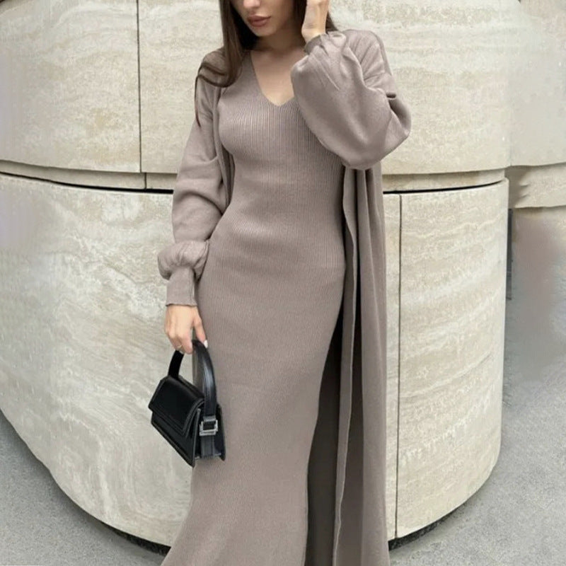 V-neck Elegant Knitted Straight Long Dress Two-piece Set
