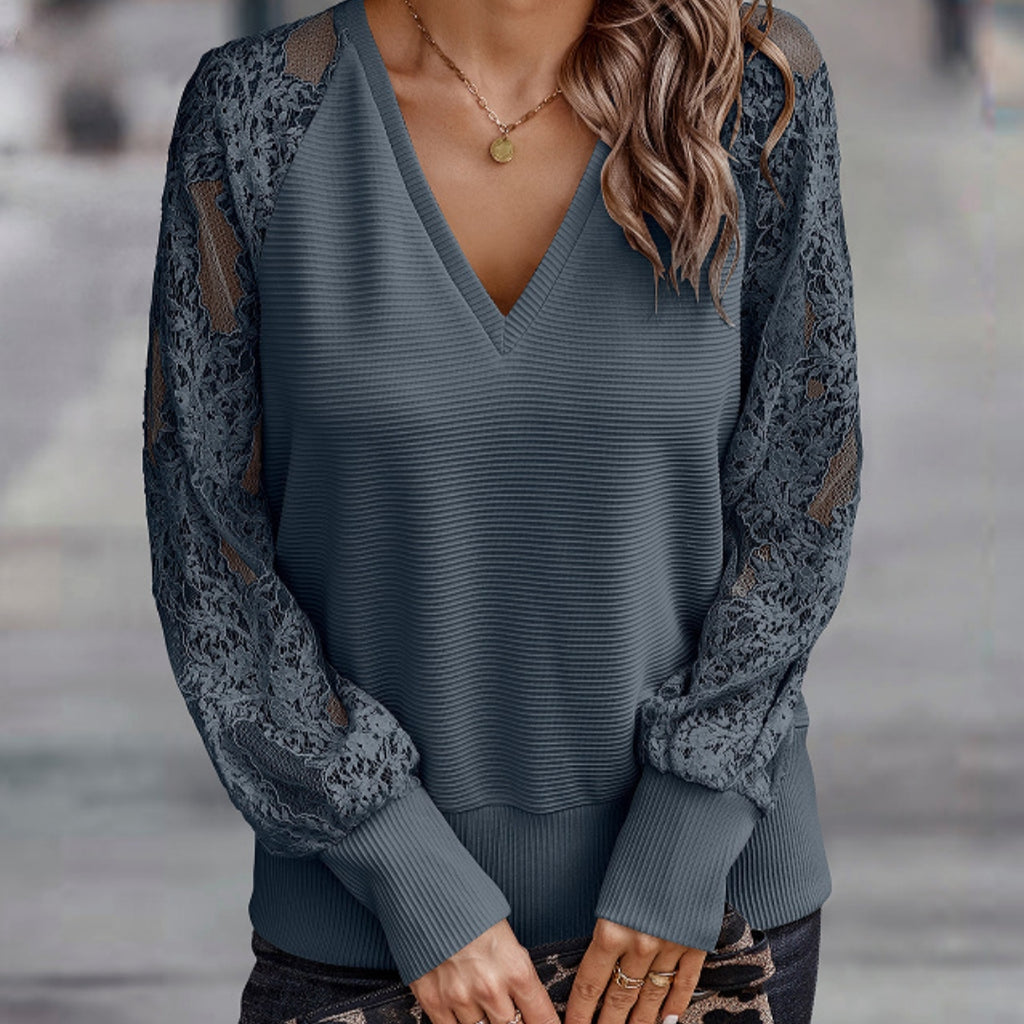 Women's V-Neck Top with Long Lace Sleeves in 4 Colors S-XXXL - Wazzi's Wear