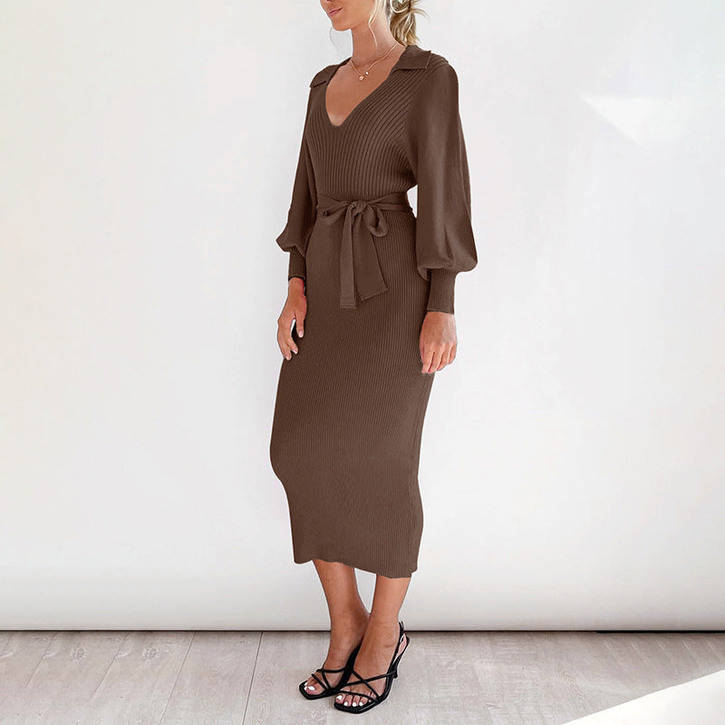 Elegant Retro Lightly Mature Lantern Sleeve V-neck Solid Color Knitted Sweater Dress