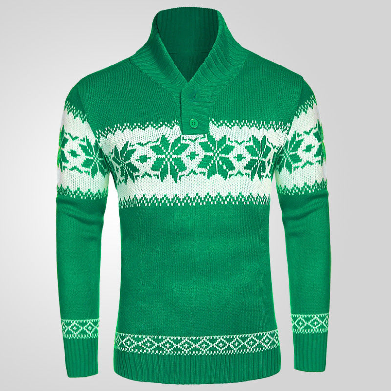 Green men's pullover sweater with white jacquard Christmas pattern and long sleeves