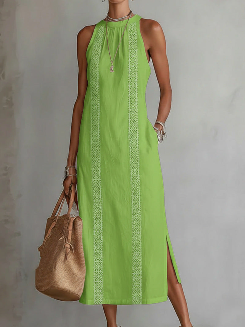 Womens Halterneck Holiday Lace-Patchwork Sleeveless Dress