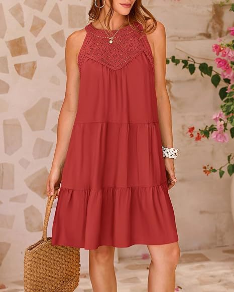 Women’s Halterneck Loose Fit Sleeveless Summer Dress with Lace in 8 Colors S-XXL