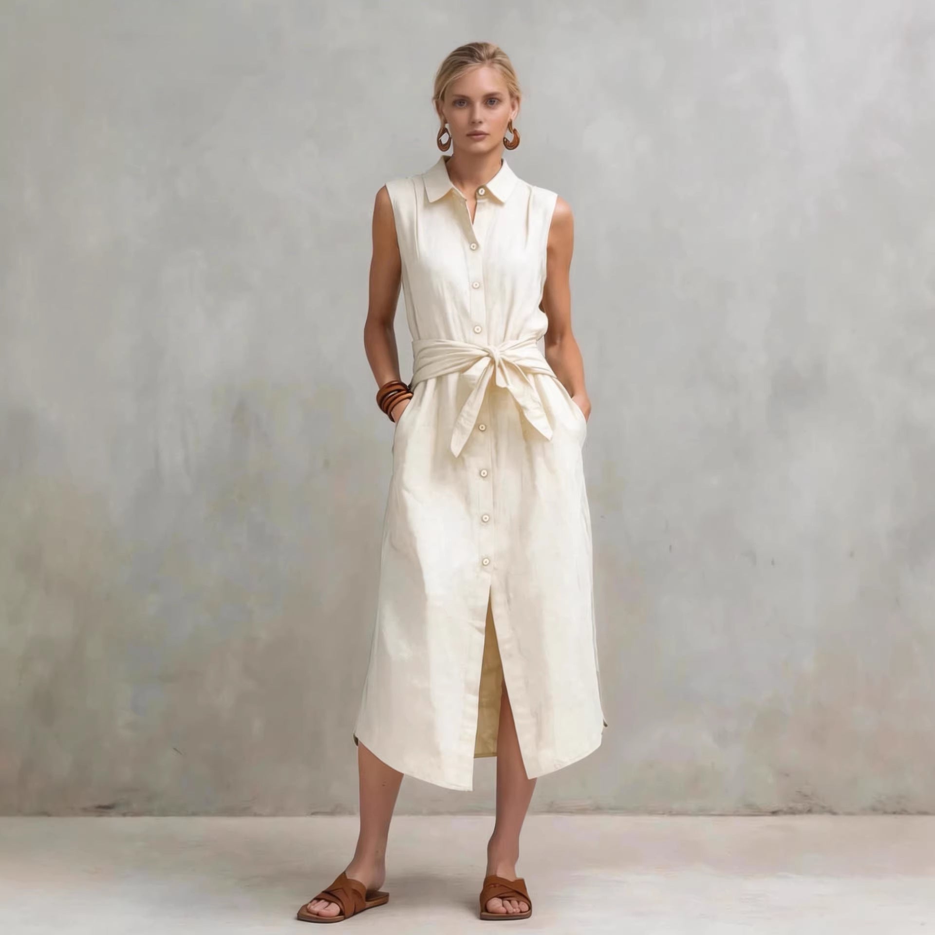 Casual Cotton-Linen Bag-Style Solid-Colored Sleeveless Dress