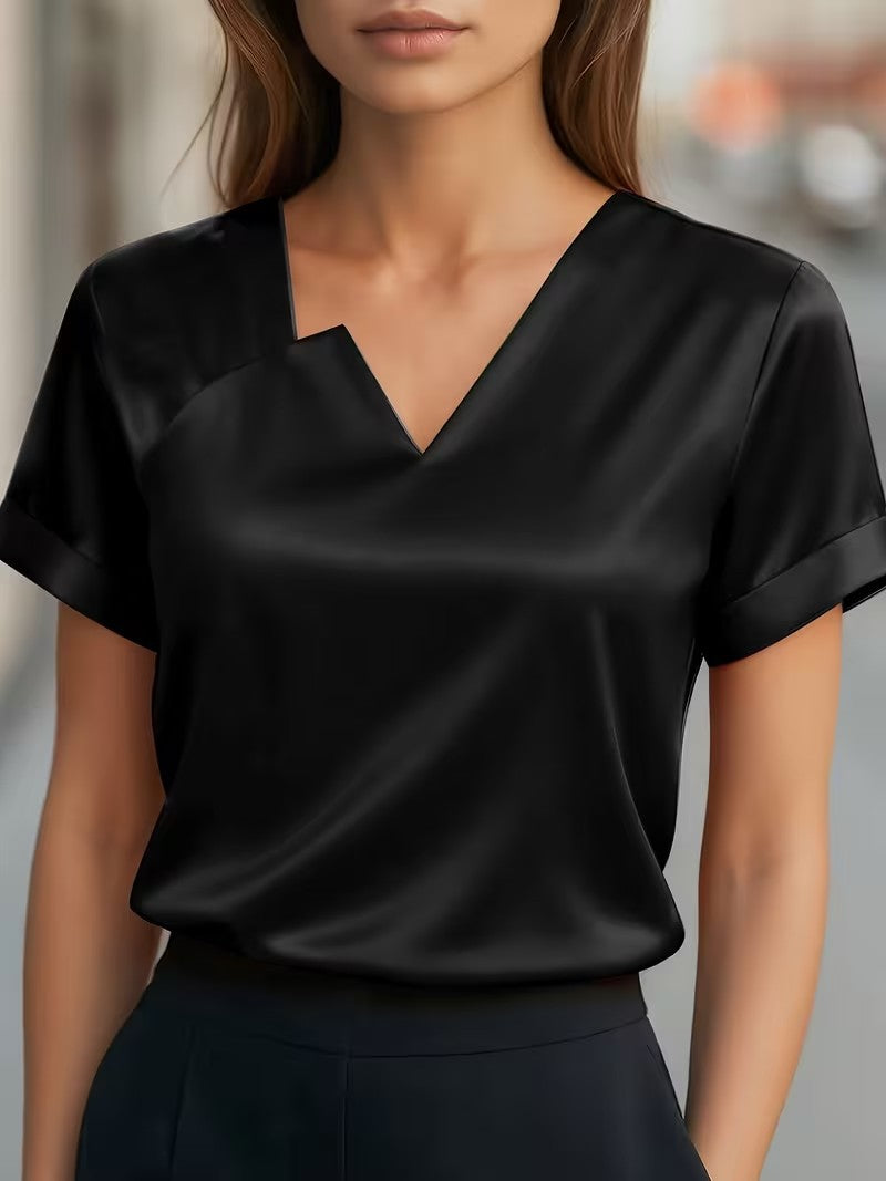 Satin Asymmetric V-Neck Short-Sleeve Shirt For Women