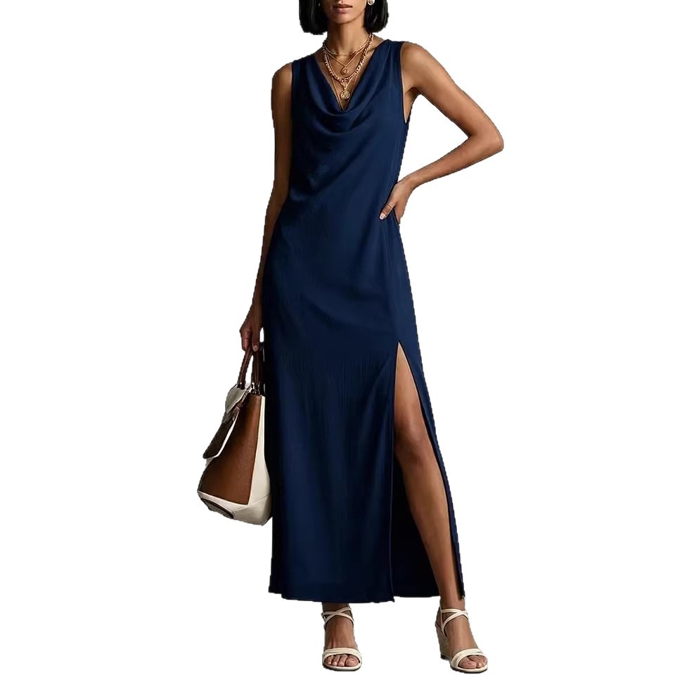 Womens Fashion Split Hem Draped Neckline Sleeveless Chiffon Dress