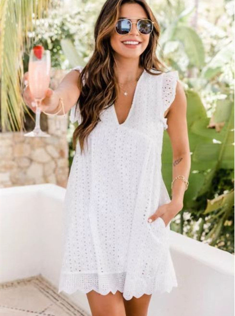 European And American New Lace Jacquard Hollow V-neck Dress